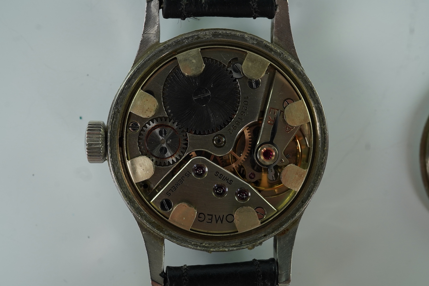 A gentleman's stainless steel Omega W.W.W. British Military 'Dirty Dozen' manual wind wrist watch, circa 1945